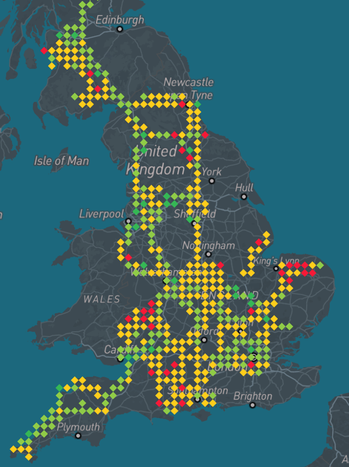Fan travel tracking map showing journey origins across the UK with CO2 emissions data and transport mode analytics for sports venues, music venues, and events